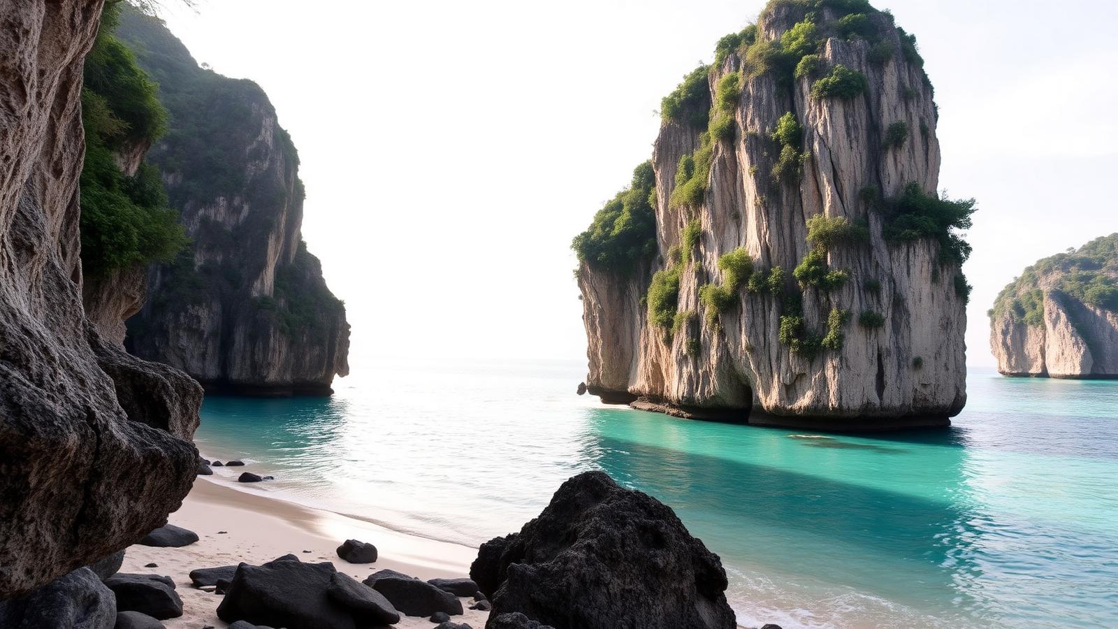 Quiet limestone cove with turquoise water in southern Thailand