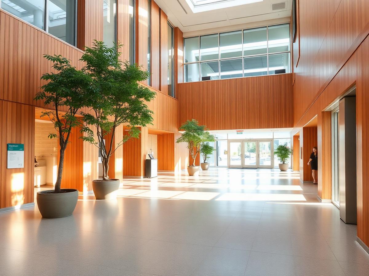 Bright, calm hospital atrium with warm wood and daylight